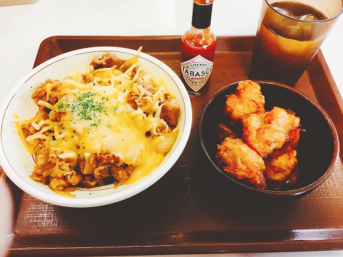 とろ～り3種のチーズ牛丼とから揚げの写真