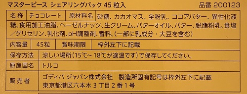 GODIVA マスターピースシェアリングパックの食品表示