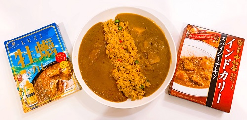 レモスコ牡蠣カレーと新宿中村屋のインドカリーとガーリックピラフの2種盛り