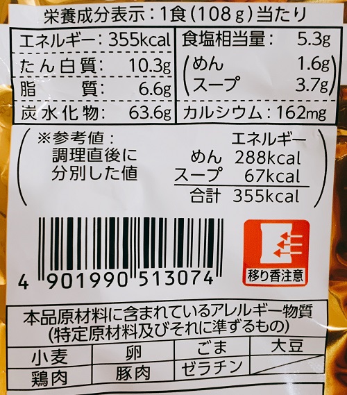 マルちゃん正麺の栄養成分表示