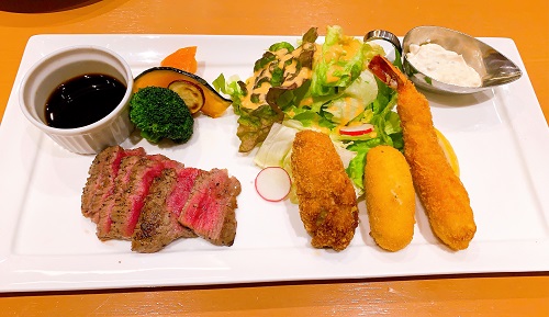 西櫻亭 京都店の和牛ステーキと広島産牡蠣フライ海老フライ・蟹クリームコロッケ